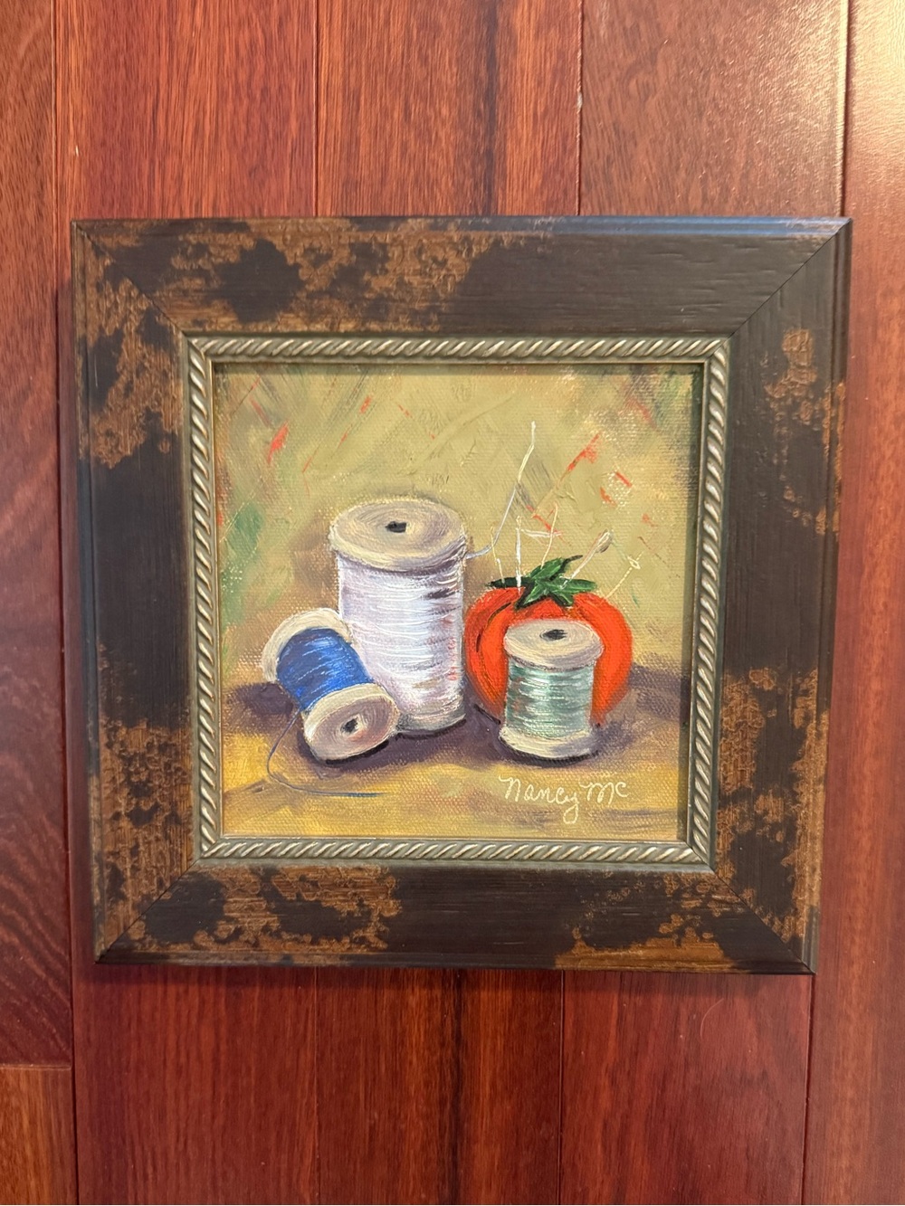 Signed Miniature Oil Painting Original Sewing II Framed Signed Nancy McCutchin